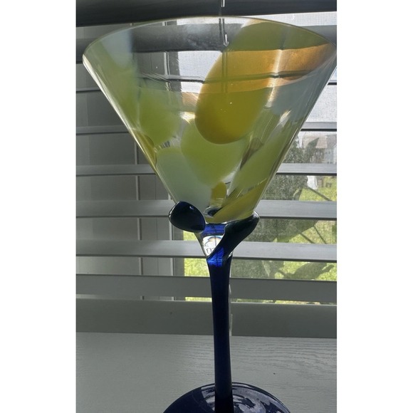 Hand Made In Romania Art Glass Martini Glass 7.5" Yellow Blue Swirl Stem - Picture 3 of 10